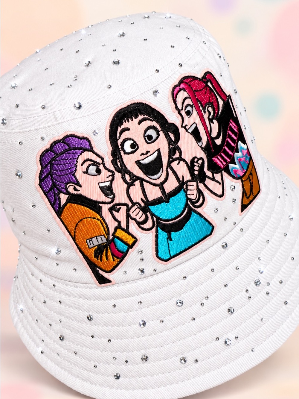 Custom design White Rhinestone Bucket Hat with Colorful Cartoon Patch - Kids